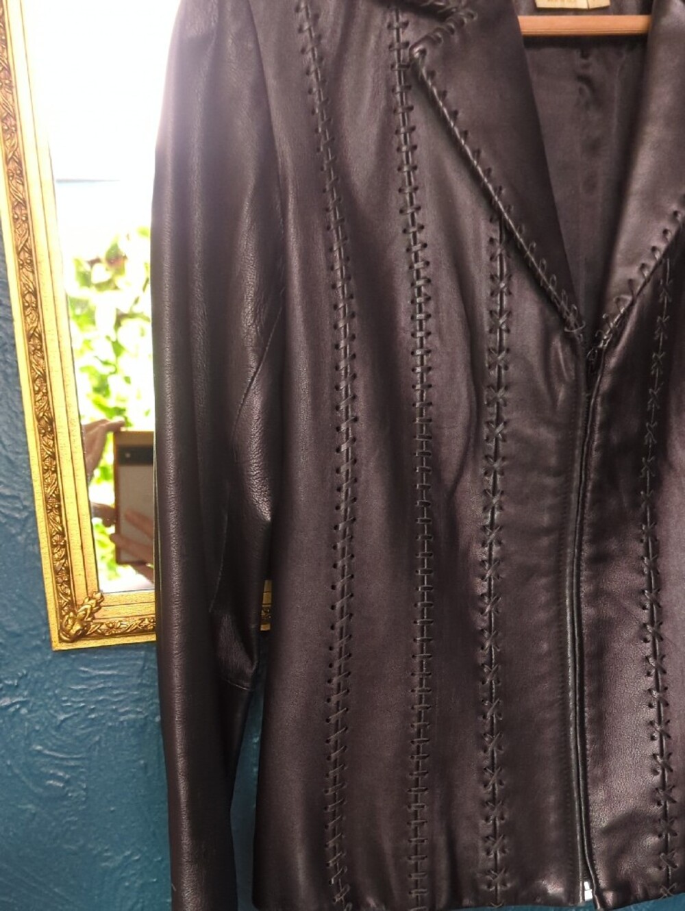 Women's Black Leather Jacket with Decorative Stitching - Picture 3 of 6